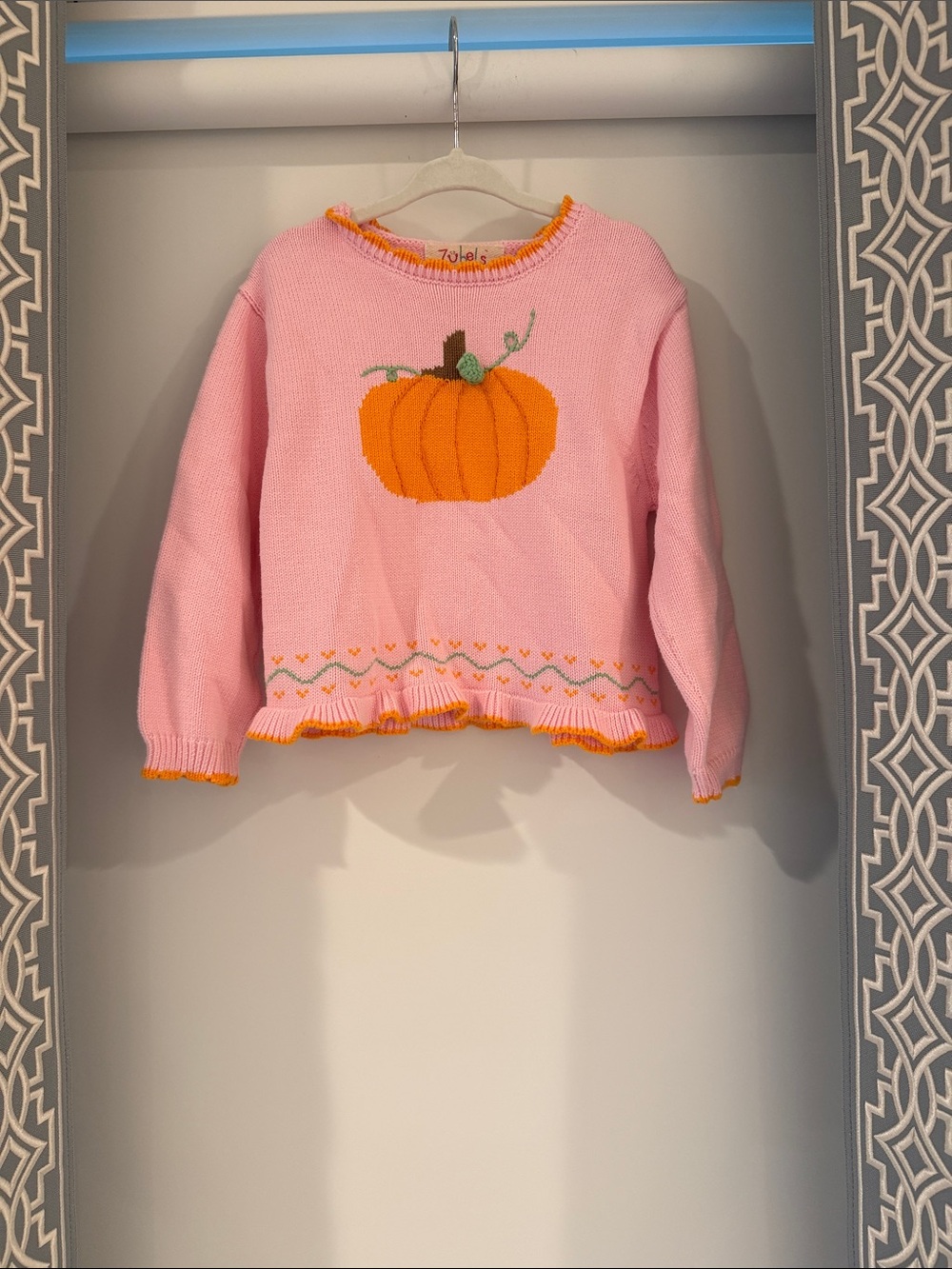 Girls' Pink Pumpkin Knit Sweater with Ruffle Trim
